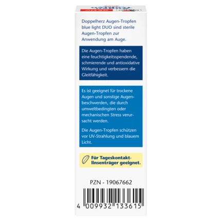 Abbildung der Produktverpackung Doppelherz aktiv Augen-Tropfen blue light DUO Rückansicht